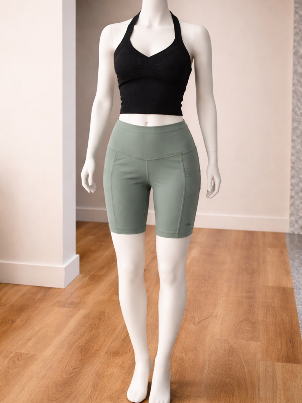 The North Face Sage Green High-Rise Bike Shorts with Side Pockets